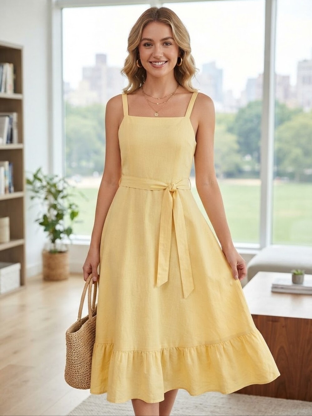 Gal Meets Glam Collection Yellow Linen Blend Belted Square Neck Midi Dress Size